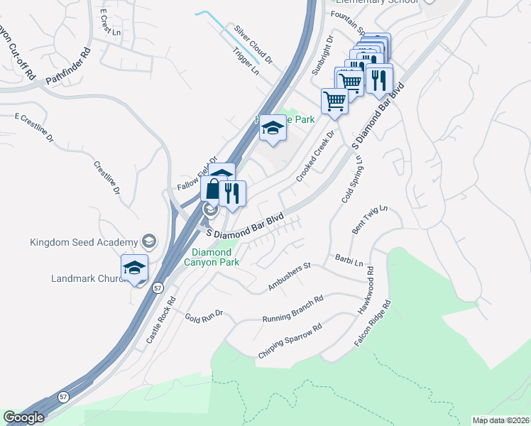 map of restaurants, bars, coffee shops, grocery stores, and more near 3188 Cherrydale Drive in Diamond Bar