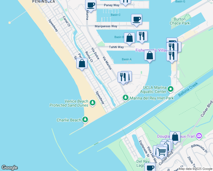 map of restaurants, bars, coffee shops, grocery stores, and more near 5105 Vía Donte in Los Angeles