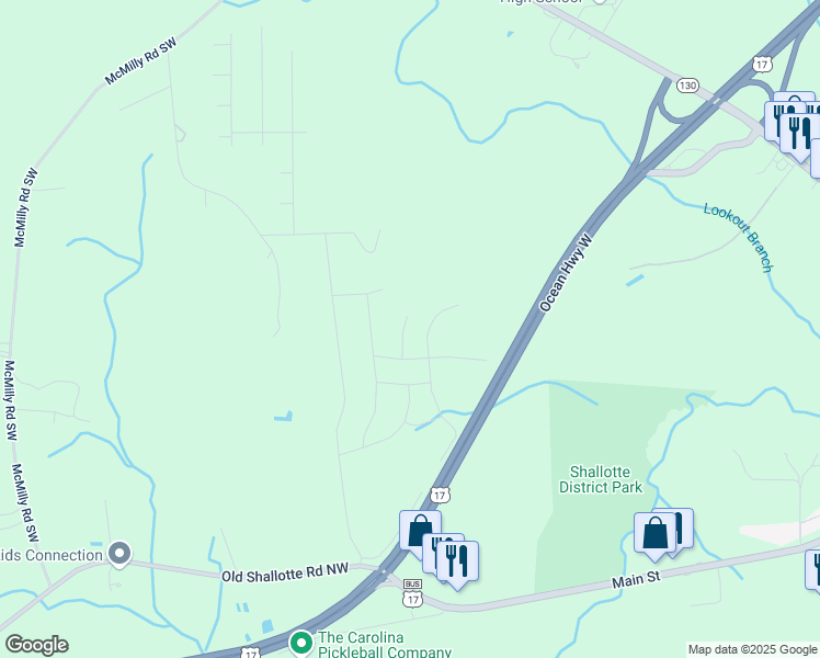 map of restaurants, bars, coffee shops, grocery stores, and more near 4258 Milkweed Road in Shallotte