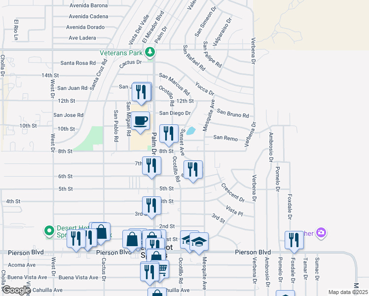 map of restaurants, bars, coffee shops, grocery stores, and more near 66648 8th Street in Desert Hot Springs