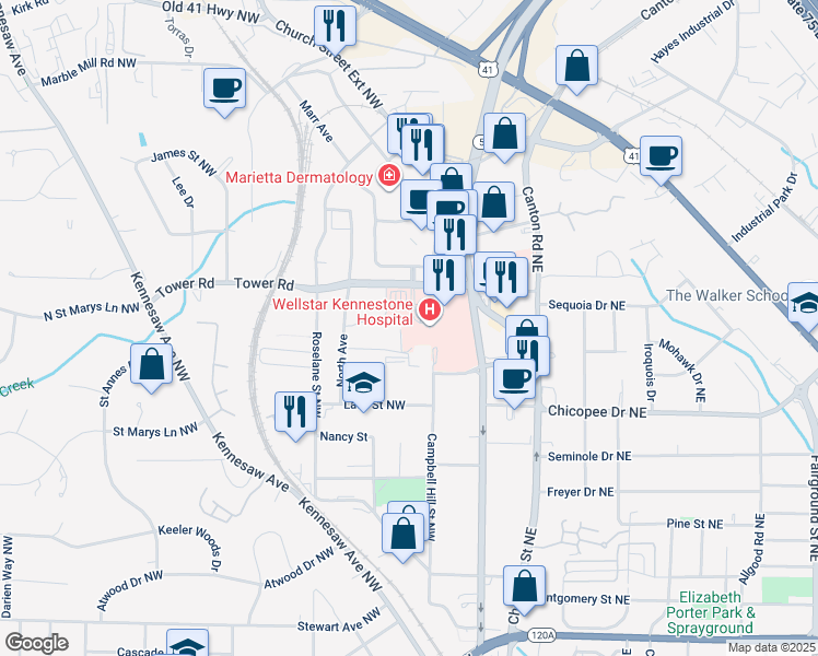 map of restaurants, bars, coffee shops, grocery stores, and more near 320 Kennestone Hospital Boulevard in Marietta