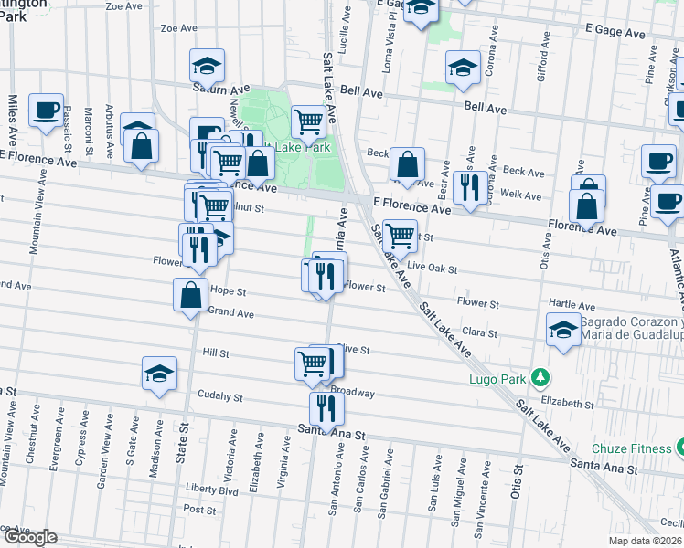 map of restaurants, bars, coffee shops, grocery stores, and more near 3524 Live Oak Street in Huntington Park