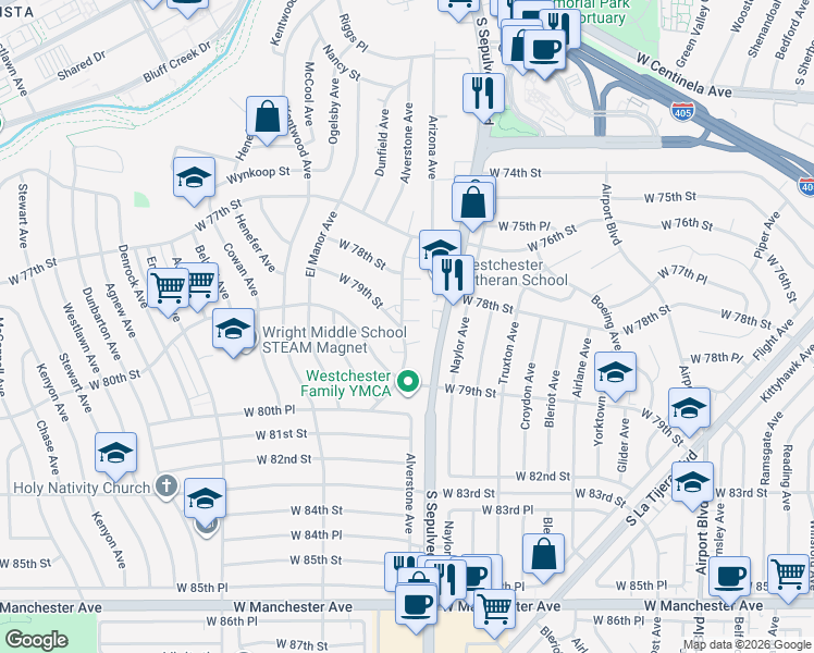 map of restaurants, bars, coffee shops, grocery stores, and more near 6322 West 79th Street in Los Angeles