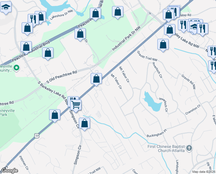 map of restaurants, bars, coffee shops, grocery stores, and more near 2967 Mount Tabor Circle in Duluth