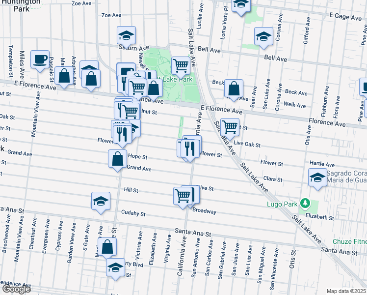 map of restaurants, bars, coffee shops, grocery stores, and more near 3467 Flower Street in Huntington Park
