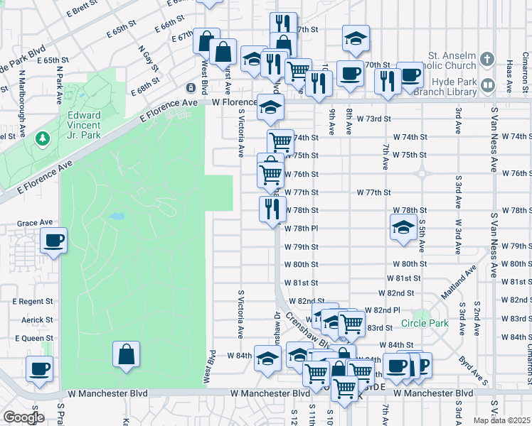 map of restaurants, bars, coffee shops, grocery stores, and more near 3426 West 78th Street in Los Angeles