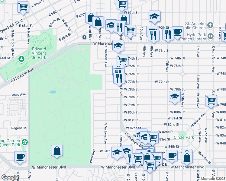 map of restaurants, bars, coffee shops, grocery stores, and more near 3426 West 78th Street in Los Angeles
