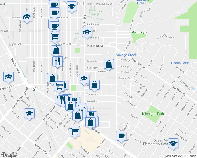 map of restaurants, bars, coffee shops, grocery stores, and more near 13602 Sunrise Drive in Whittier