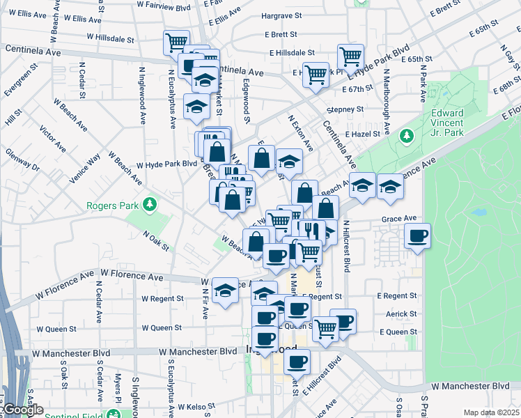 map of restaurants, bars, coffee shops, grocery stores, and more near 421 North Market Street in Inglewood
