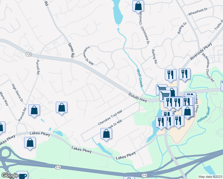 map of restaurants, bars, coffee shops, grocery stores, and more near 1231 Della Way in Lawrenceville