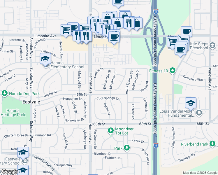map of restaurants, bars, coffee shops, grocery stores, and more near 6567 Moonriver Street in Eastvale