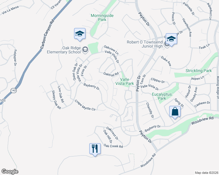 map of restaurants, bars, coffee shops, grocery stores, and more near 15681 Ladera Vista Drive in Chino Hills