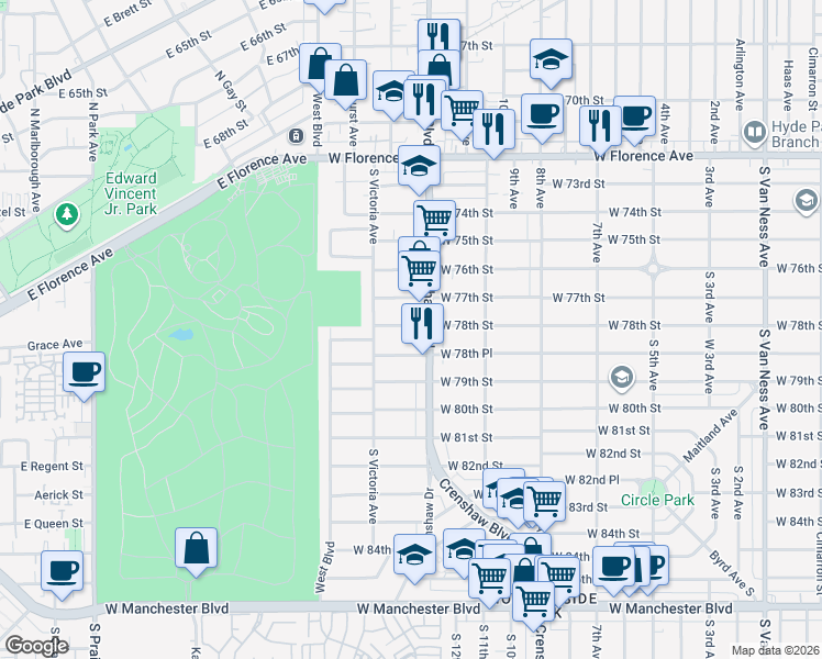 map of restaurants, bars, coffee shops, grocery stores, and more near 3420 West 78th Street in Los Angeles
