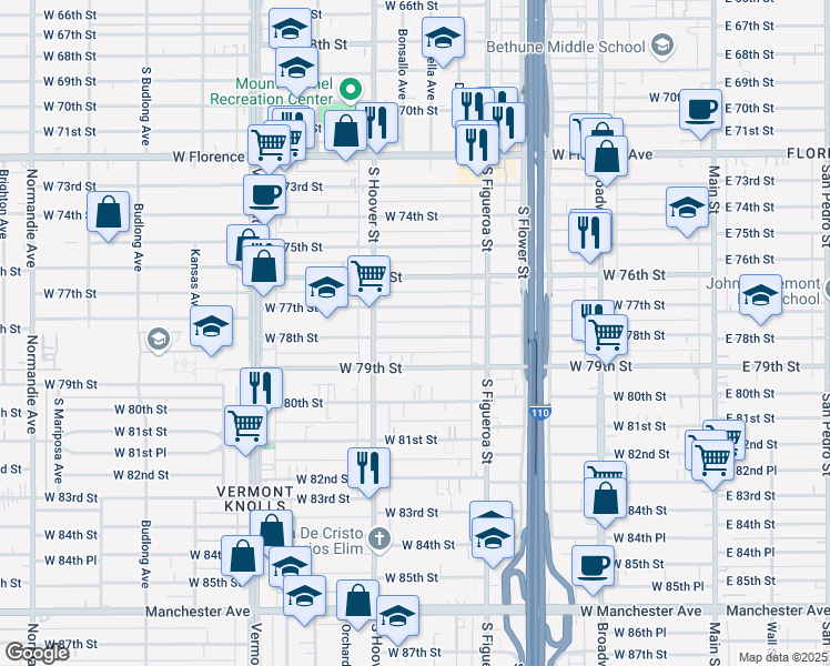 map of restaurants, bars, coffee shops, grocery stores, and more near 701 West 78th Street in Los Angeles