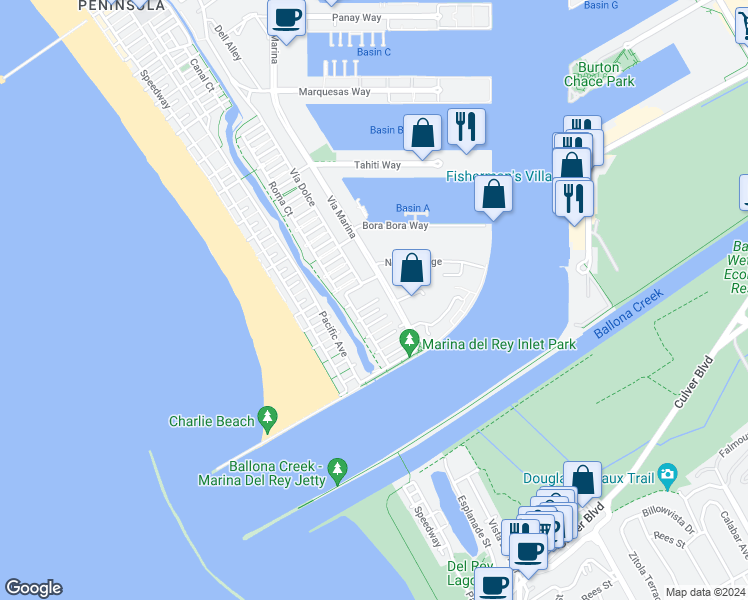 map of restaurants, bars, coffee shops, grocery stores, and more near 142 Union Jack Mall in Marina del Rey