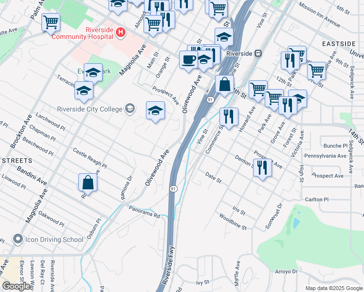 map of restaurants, bars, coffee shops, grocery stores, and more near 2057 Down Street in Riverside