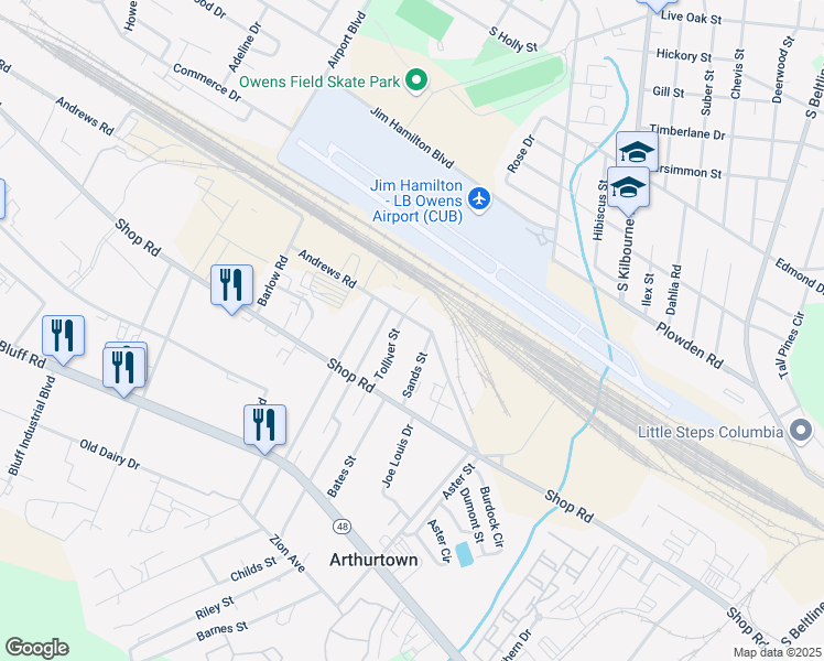 map of restaurants, bars, coffee shops, grocery stores, and more near 1753 Andrews Road in Columbia