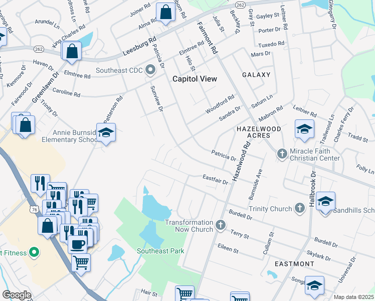 map of restaurants, bars, coffee shops, grocery stores, and more near 7418 Sunview Drive in Columbia