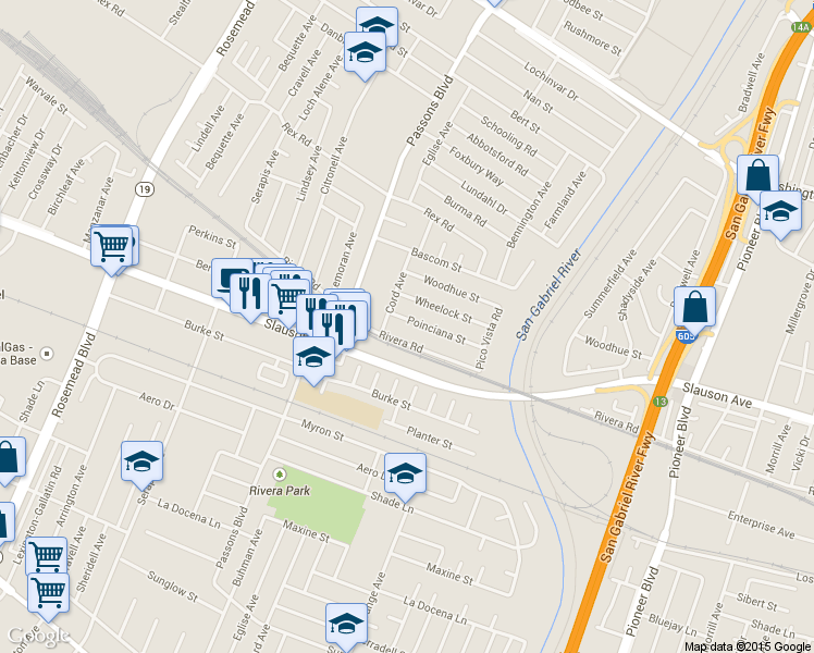 map of restaurants, bars, coffee shops, grocery stores, and more near 9522 Poinciana Street in Pico Rivera