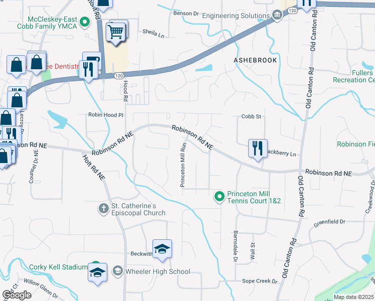 map of restaurants, bars, coffee shops, grocery stores, and more near 744 Princeton Mill Run in Marietta