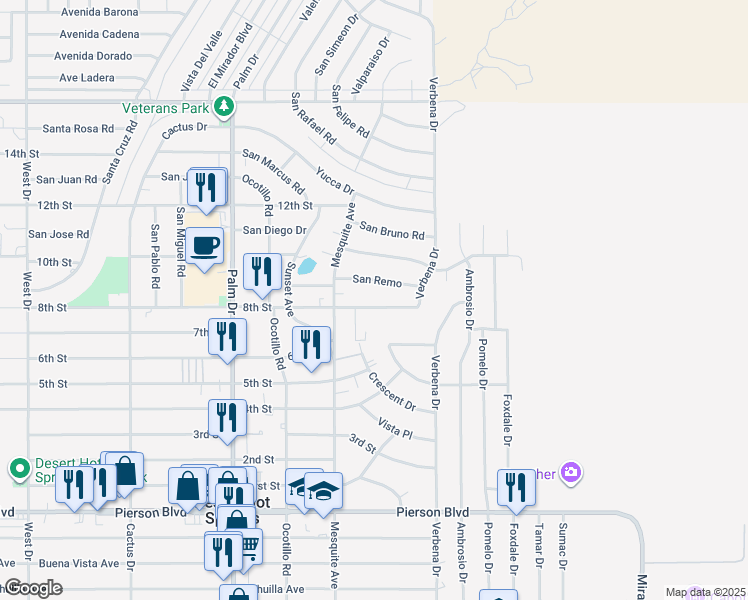 map of restaurants, bars, coffee shops, grocery stores, and more near 66796 8th Street in Desert Hot Springs
