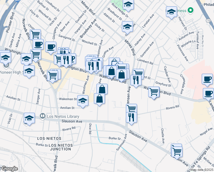 map of restaurants, bars, coffee shops, grocery stores, and more near 8035 Freestone Avenue in Santa Fe Springs