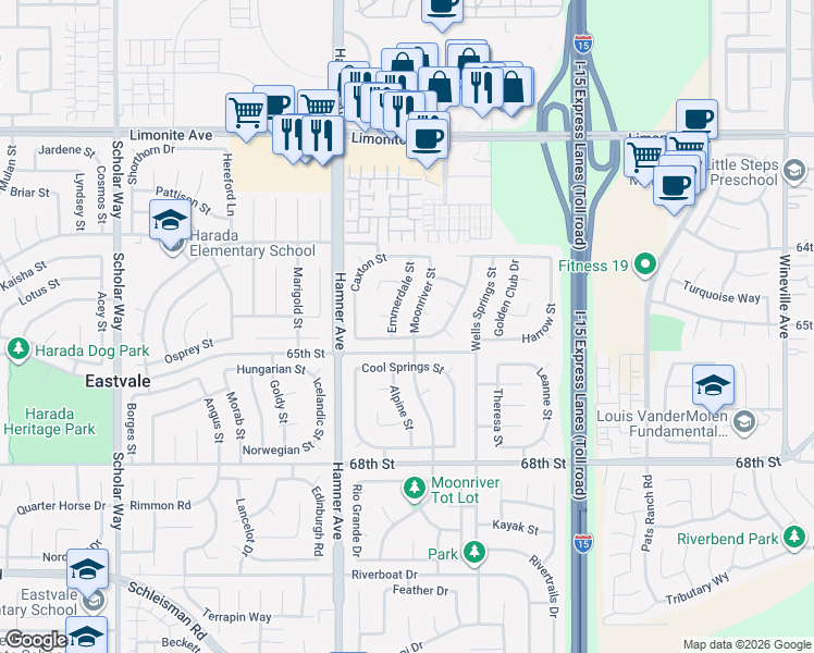 map of restaurants, bars, coffee shops, grocery stores, and more near 6567 Moonriver Street in Eastvale