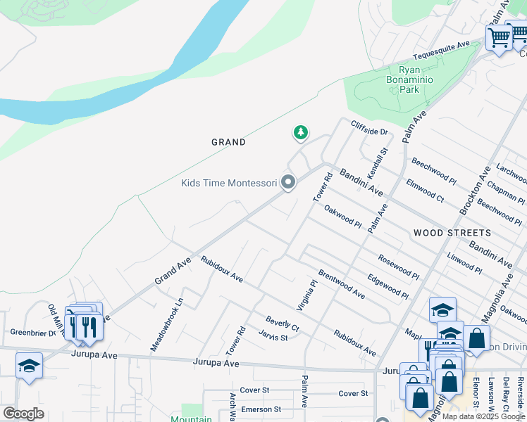 map of restaurants, bars, coffee shops, grocery stores, and more near 5604 Grand Avenue in Riverside