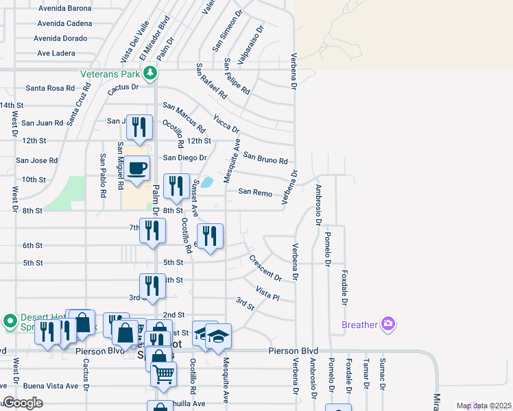 map of restaurants, bars, coffee shops, grocery stores, and more near 66856 8th Street in Desert Hot Springs