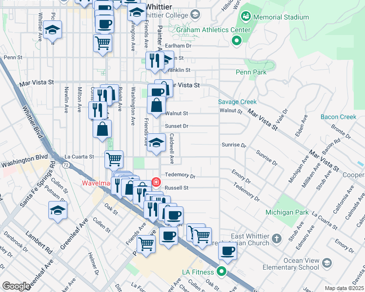 map of restaurants, bars, coffee shops, grocery stores, and more near 7932 Rhea Vista Drive in Whittier