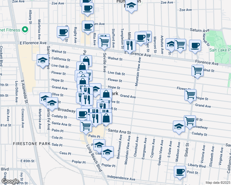 map of restaurants, bars, coffee shops, grocery stores, and more near 2737 Grand Ave in Huntington Park
