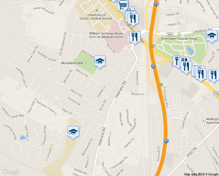 map of restaurants, bars, coffee shops, grocery stores, and more near 523 Byron Road in Columbia