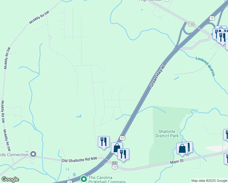 map of restaurants, bars, coffee shops, grocery stores, and more near 4258 Milkweed Road in Shallotte