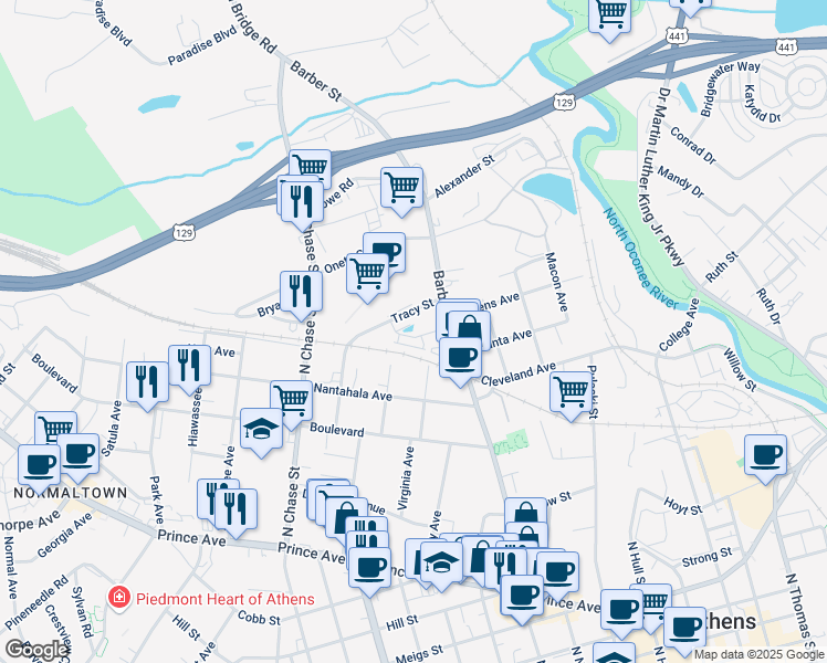 map of restaurants, bars, coffee shops, grocery stores, and more near 635 Barber Street in Athens