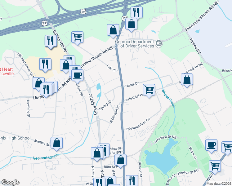 map of restaurants, bars, coffee shops, grocery stores, and more near 435 Spring Circle in Lawrenceville