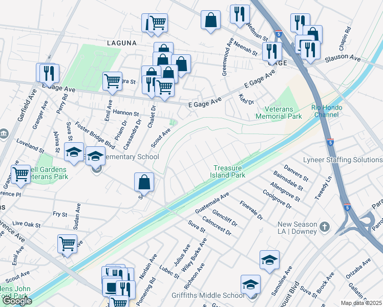 map of restaurants, bars, coffee shops, grocery stores, and more near 7221 Finevale Drive in Downey