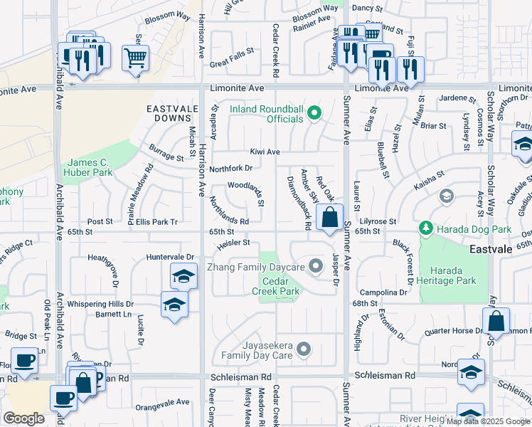 map of restaurants, bars, coffee shops, grocery stores, and more near 13624 Woodlands Street in Corona