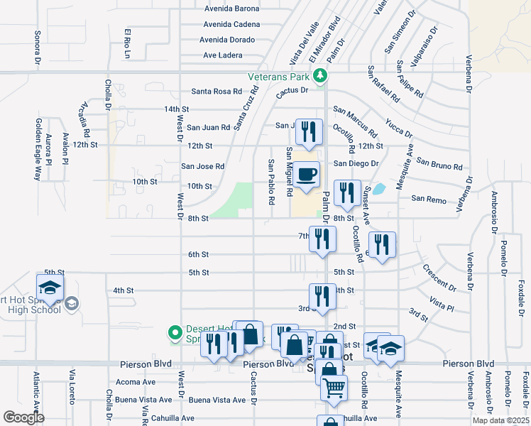 map of restaurants, bars, coffee shops, grocery stores, and more near 66304 8th Street in Desert Hot Springs