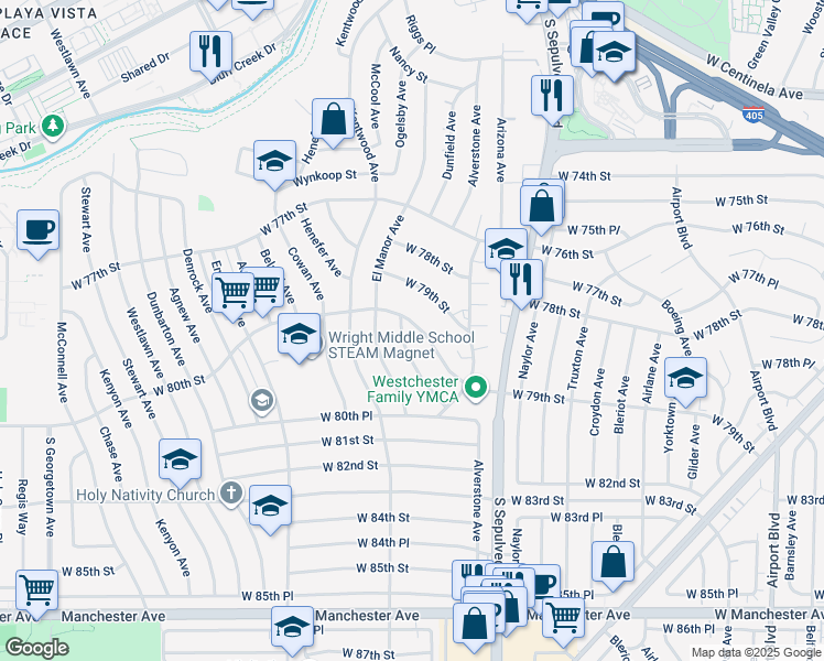 map of restaurants, bars, coffee shops, grocery stores, and more near 6384 West 80th Street in Los Angeles