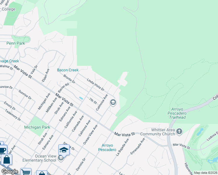 map of restaurants, bars, coffee shops, grocery stores, and more near 7919 Calmosa Avenue in Whittier