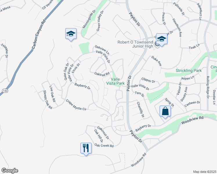 map of restaurants, bars, coffee shops, grocery stores, and more near 15721 Bluffside Court in Chino Hills