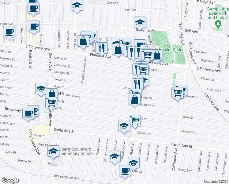 map of restaurants, bars, coffee shops, grocery stores, and more near 3103 Hope Street in Huntington Park