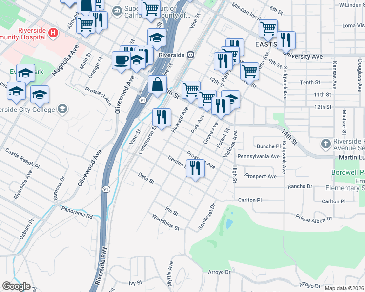 map of restaurants, bars, coffee shops, grocery stores, and more near 4591 Park Avenue in Riverside