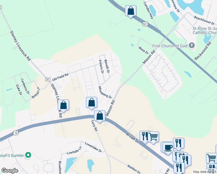 map of restaurants, bars, coffee shops, grocery stores, and more near 1456 Ruger Drive in Sumter