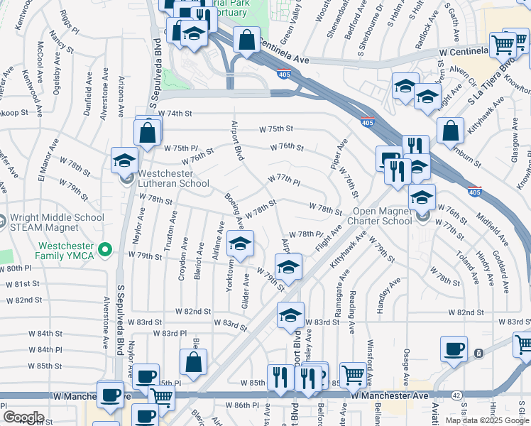 map of restaurants, bars, coffee shops, grocery stores, and more near 5918 West 78th Street in Los Angeles