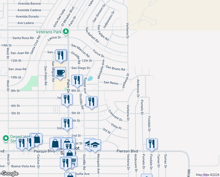 map of restaurants, bars, coffee shops, grocery stores, and more near 66796 8th Street in Desert Hot Springs