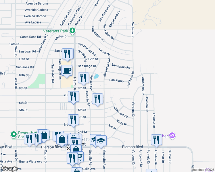 map of restaurants, bars, coffee shops, grocery stores, and more near 66796 8th Street in Desert Hot Springs