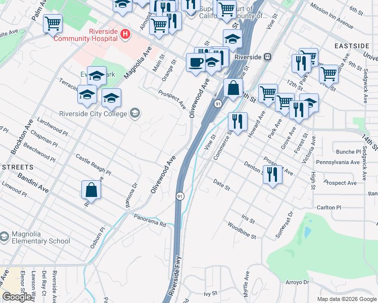 map of restaurants, bars, coffee shops, grocery stores, and more near in Riverside