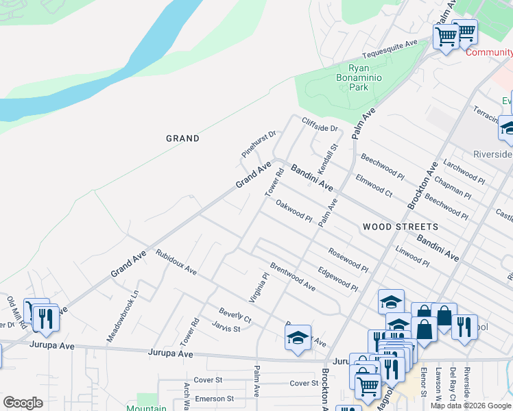 map of restaurants, bars, coffee shops, grocery stores, and more near 4796 Oakwood Place in Riverside