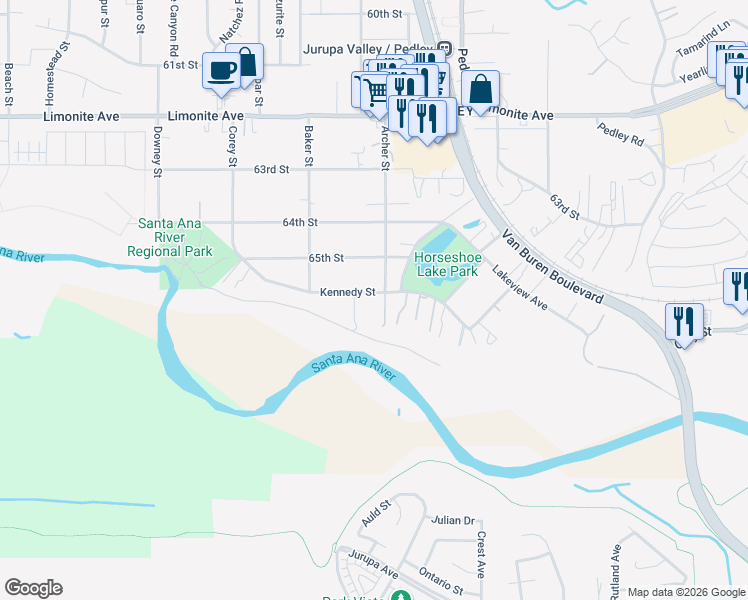 map of restaurants, bars, coffee shops, grocery stores, and more near 8902 Kennedy Street in Riverside